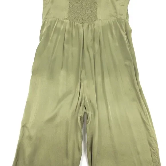 REFORMATION Sage Silk Jumpsuit Smocked Wide Leg Artichoke Green Clean Girl